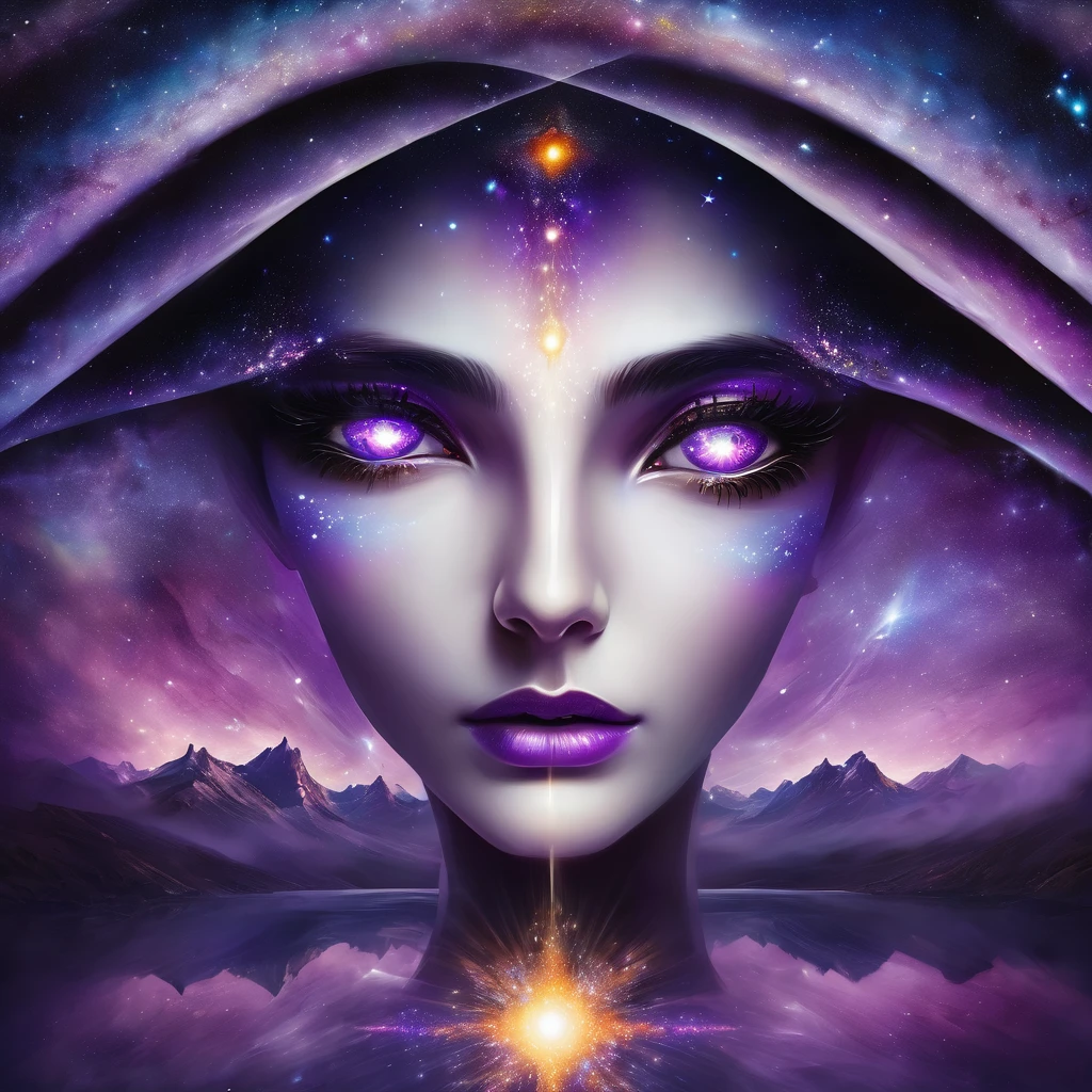 A mesmerizing female eye, with galaxies and cosmic nebulae reflected in your iris, symbolizing the infinite mysteries to be explored. Violet flames dance around, representing passion.