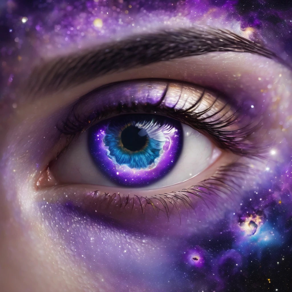 A mesmerizing female eye, with galaxies and cosmic nebulae reflected in your iris, symbolizing the infinite mysteries to be explored. Violet flames dance around, representing passion.