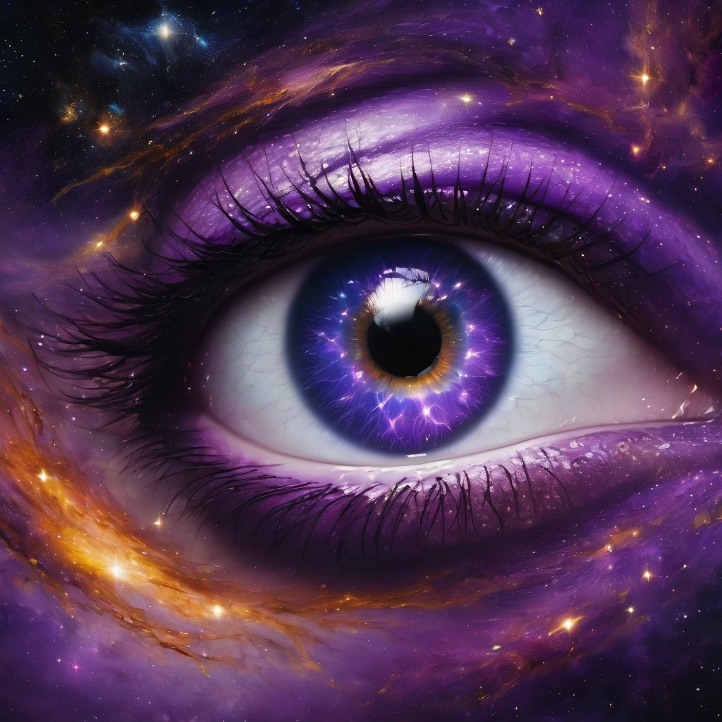 A mesmerizing female eye, with galaxies and cosmic nebulae reflected in your iris, symbolizing the infinite mysteries to be explored. Violet flames dance around, representing passion.
