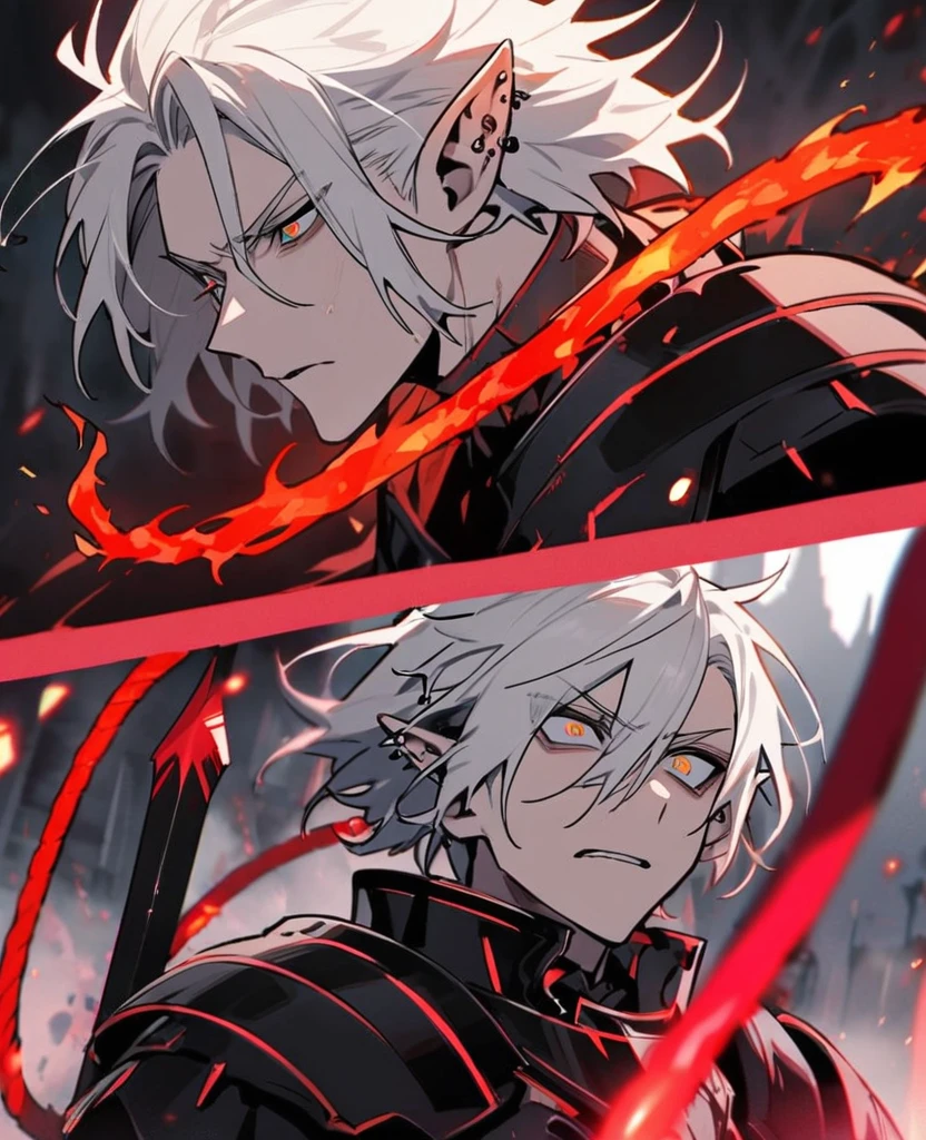 male,pierced pointed ears,long white hair wkr,half orange half blue eyes,broken red and black armour,dark magic,dark expression,fire whip,dark sword,on a battlefield