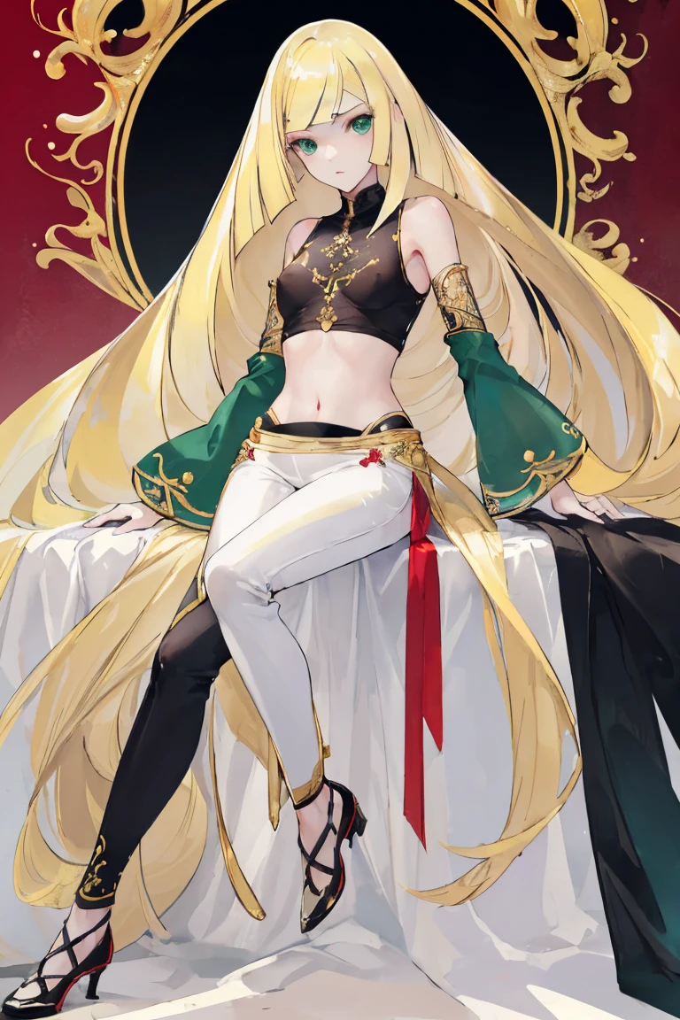 ((Highest quality)), ((masterpiece)), (Familiar), Lusamine,Tattoo,thin,Long blonde hair,Small breasts,Small breasts,Erect nipples,Adult female,Green Eyes,Slanted Eyes,White and black T-shirt,No sleeve,Gold embroidery,Black shoes,Fascinating,Red pants