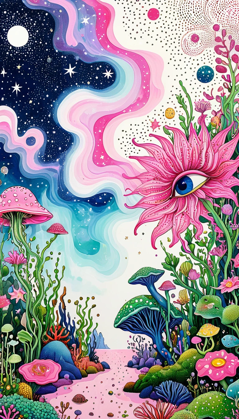 microorganism、plant、Marine life、1Stars dripping from my eyes、Starry Sky，Stitched into an abstract painting，Describing the inner world of autistic people，Sense of space，White Space，Childish lines，Psychedelic Art