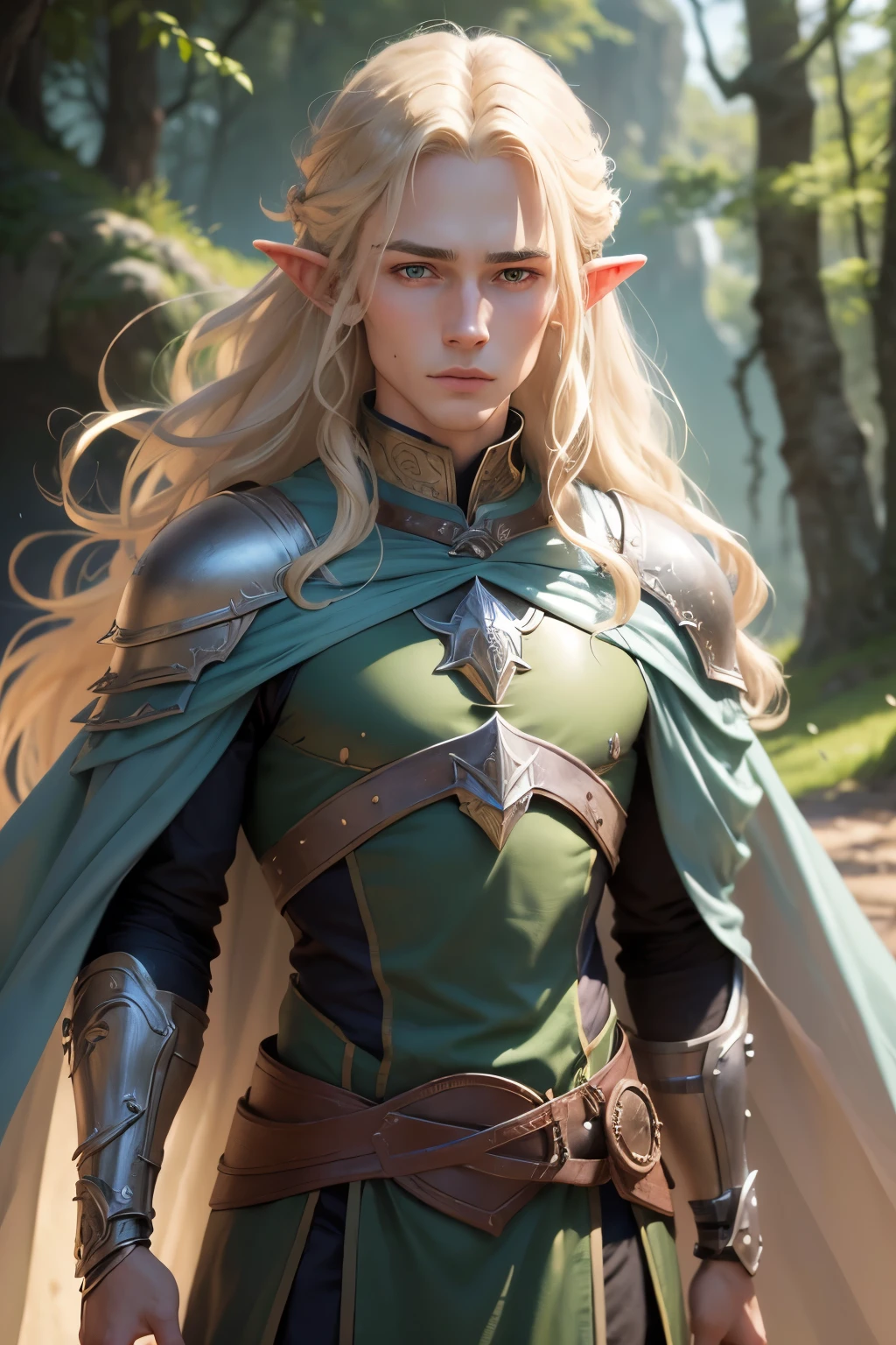 ((best qualityer)), ((work of art)), (detailded), ((best quality)), ((masterpiece)), (detailed), Prize-winning works, with incredible details, maximum textures and details, uhd ,8K,super resolution ,depth of field, retina, masterpiece, anatomically correct, textured skin, super detail, high details, highres ,1 Elf male male adventurer warrior ,Super long blonde hair wavy in the wind,He has green eyes, wide chin , wearing light adventurer armor, it has a long blue cape ,fully body,o elfo tem olhos detaildeds ,he wears green light armor,similar to the work of JRR Tolkien (25 year old young man :1.1,olhos detaildeds, rosto detailded, whole body:1.1,the bottom is a valley ,mountains and forest ),(best qualityer:1.2,ultra-detailded:1.1,realisitic:1.37) ,eyeshadows, sharp focus, swirly vibrant colors,)