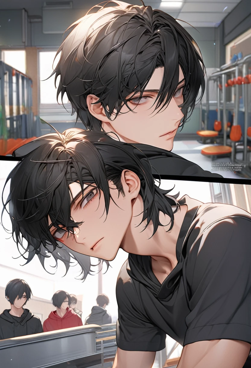 A highschool boy, handsome, perfect body, black hair, short hair, mullet, black eyes, upturned eyes, expressionless, black hoodies, anime, first-person view, masterpiece, anatomically correct, high details, highres, best quality, super detail