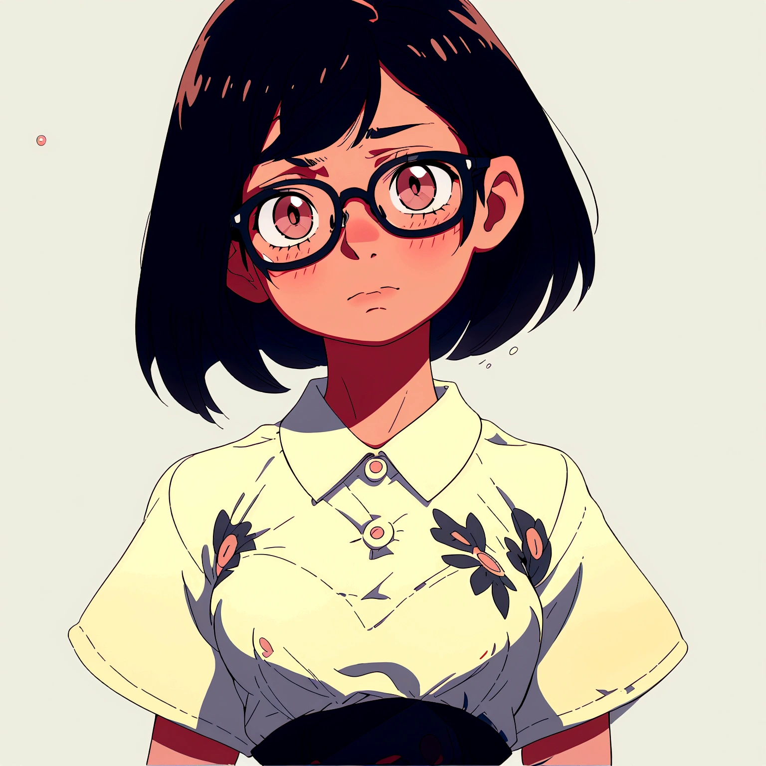 A bob-cut elementary school girl wearing glasses, black eye, no wearing, Touching breasts, looking up, White skin, large breasts, looking up, black hair, winking, sad
