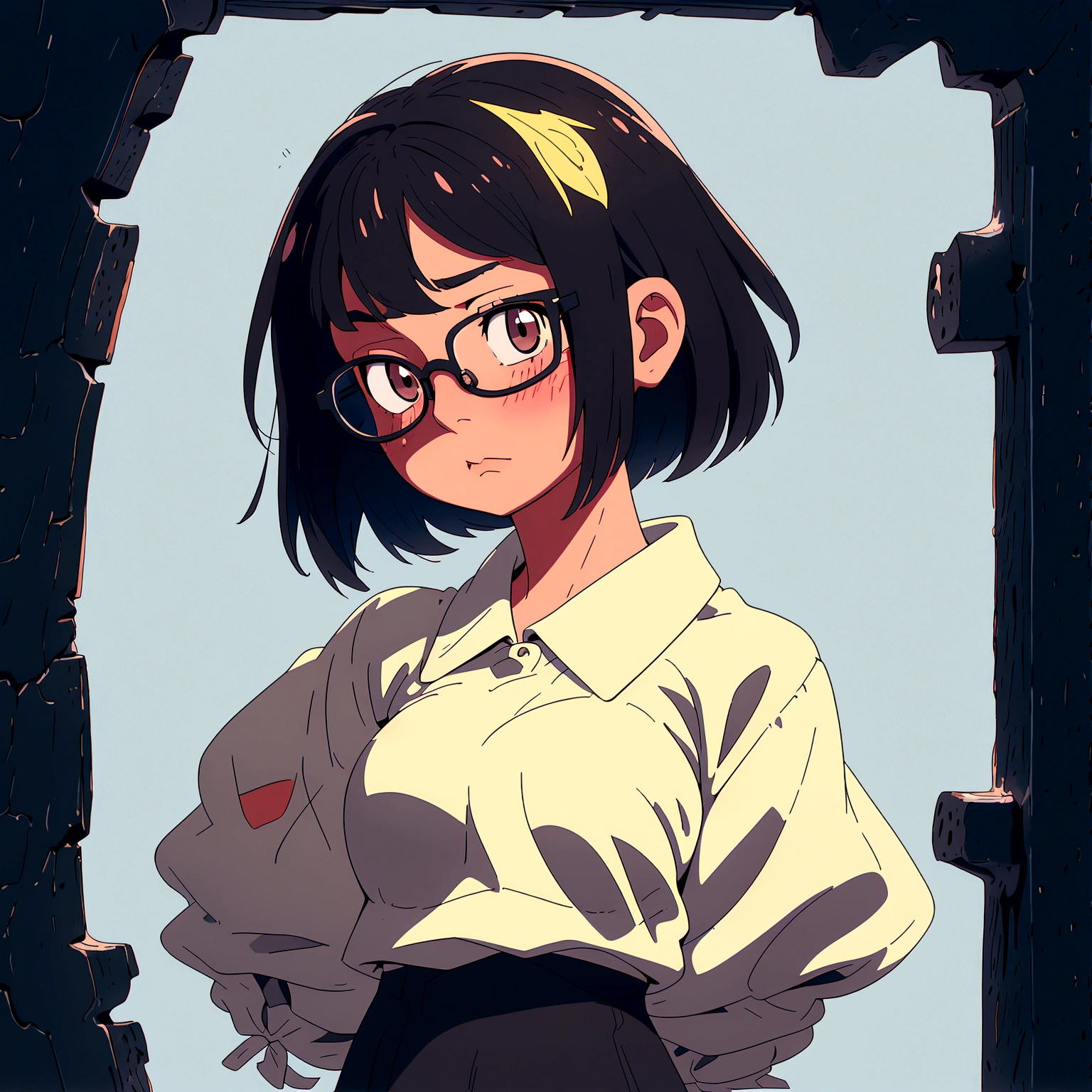 A bob-cut elementary school girl wearing glasses, black eye, no wearing, Touching breasts, looking up, White skin, large breasts, looking up, black hair, winking, sad