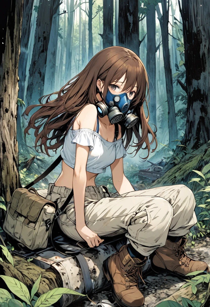 8K、Very detailed、whole body、Brown medium-long hair、Put on a gas mask、Carrying a rifle on your back、Wear a blue off-the-shoulder crop top、Wearing a white tank top、Wear white cargo pants、Wear brown short boots、sit、Polluted and devastated forests、woman、Illustration by Yoshitaka Amano