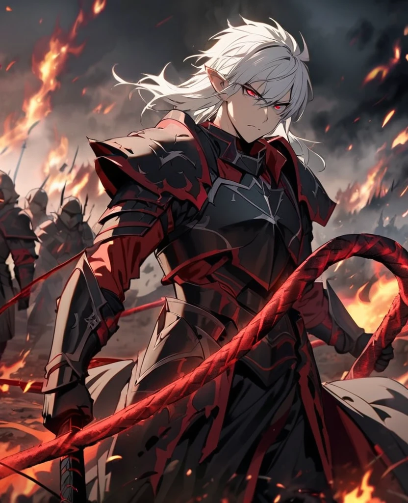 male,pierced pointed ears,long white hair with red bangs,half orange half blue eyes,broken red and black armour,dark magic,dark expression,fire whip,dark sword,on a battlefield