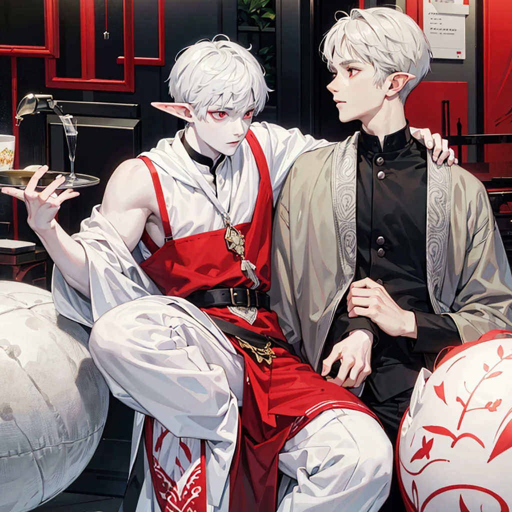Elf, grey skin, young guy. White short hair, red eyes, dark clothes, black face patterns