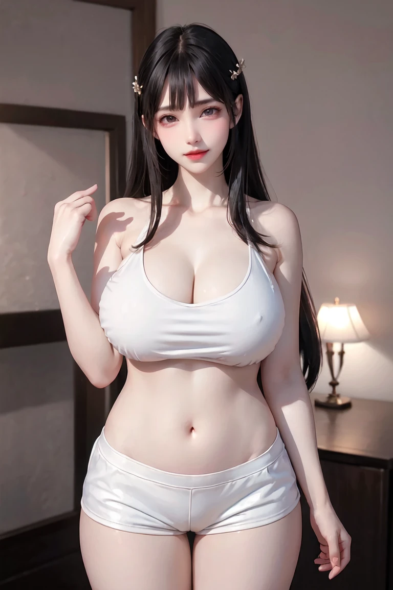 realistic, 1women, Best quality, 8k, (tank top), (wearing shorts), (big round breasts: 1.5), (round breasts:1.2), (slim body:1.0), (thighs:1.2), (body:1.2 ), white skin, super detailed, long hair, black hair, beautiful face