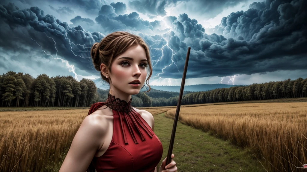 masterpiece, best quality, extremely detailed, hyperrealistic:1.1, photorealistic, a pretty 20s french model, ultra detailed face:1.2, pale skin, red mock neck sleeveless dress, half updo, grass field, forest, black clouds, pillar of lightning, holding long stick, outraged, open mouth, dynamic posing