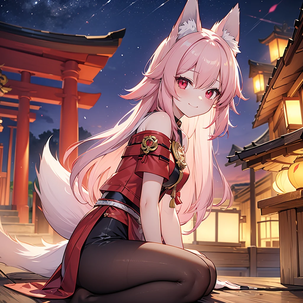 ((masterpiece)), ((Best Quality)), (Ultra-detailed), Anime style, Cute , 1girl in, Solo, fox maiden, shrine, maiden, red color fur, miko clothing, fox ears, night, lanterns, light pink hair color, , blood red eyes, smirk