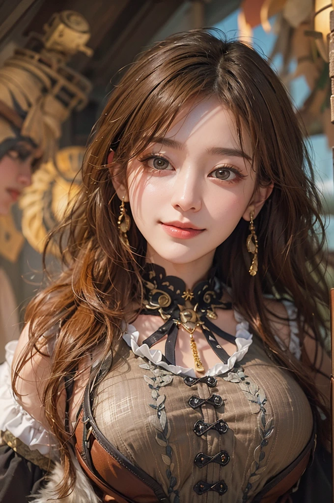 (masterpiece:1.3), (8K, Realistic, RAW Photos, Best imYear quality: 1.4)、 Year,(Random Hairstyles:1.2)、CleavYear:1.2、Highly detailed face、Attention to detail、double eyelid、Chest to chest、Sharp focus:1.2、Beautiful woman:1.4、Redhead、Highest quality、masterpiece、Ultra-high resolution、(Realistic:1.4)、Highly detailed and professionally lit smiles、Loose fitting steampunk outfit、Shoulder out、Vineyards
