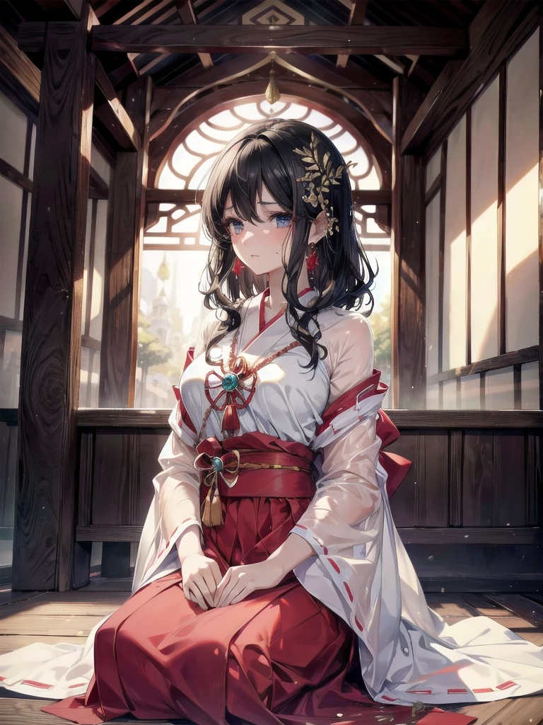 absurdres, RAW photo, extremely delicate and beautiful, masterpiece, Best Quality, ultra high resolution, 32k, hyperrealistic, ultra-detailed, delicate facial features, beautiful detailed woman, tearful mole, earring, medium breasts, full body shot, medium hair, black hair, wavy hair, shrine maiden,