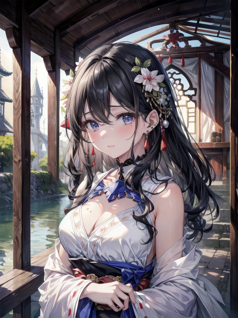 absurdres, RAW photo, extremely delicate and beautiful, masterpiece, Best Quality, ultra high resolution, 32k, hyperrealistic, ultra-detailed, delicate facial features, beautiful detailed woman, tearful mole, earring, medium breasts, full body shot, medium hair, black hair, wavy hair, shrine maiden,
