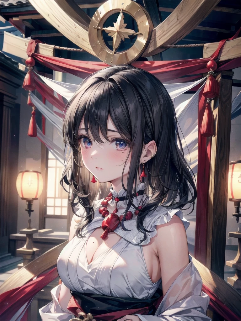 absurdres, RAW photo, extremely delicate and beautiful, masterpiece, Best Quality, ultra high resolution, 32k, hyperrealistic, ultra-detailed, delicate facial features, beautiful detailed woman, tearful mole, earring, medium breasts, full body shot, medium hair, black hair, wavy hair, shrine maiden,