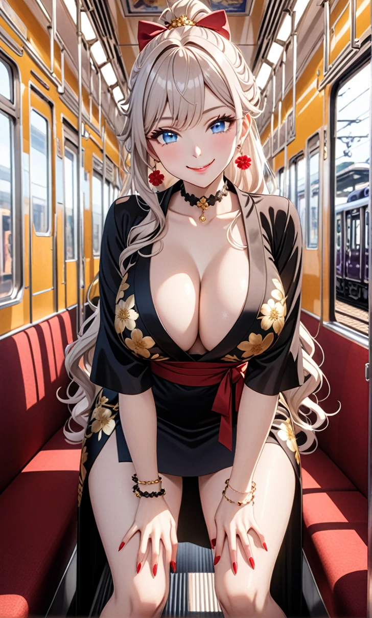 ultra-detailed, ((one girl)), (pale skin:1.3), in pastel colors gyaru, hyper detailed, absurdres, 8K, fair skin, Beautiful Face, (heavy makeup), (Laugh shyly), ((teasing smile:1.8)), ((Wink:1.6)), (Laugh with your mouth wide open),((Tilt your head:1.6)), View your viewers, ((Bright red cheeks:1.6)),Glossy Red Lips, ((blue eyes)), ((Big Breasts:1.5)), ((show off breast:1.4)), noon, on the train, ((Anime style background)),masterpiece, Highest quality, so beautiful,Latest, Complex details, (Pink long nails), (nail art), (ring),(bracelet), (Floral choker),AI-generated, Complex,High resolution, Highest quality, super high quality,3D Images、3D Images,One person,long white hair,(High Ponytail), (wavy hair:1.1), Anime woman posing for a photo, ((Fine grain、blue eyes、glowing eyes:1.4)), (Squint your eyes:1.1),a hyperRealistic , hyperRealistic , Realistic,Anime woman with long white, Smooth anime CG art, Girl in black kimono, Gold embroidery, ((black furisode)),(Large floral pattern) Long flower hair ornament,Floral Earrings,Mature Body, tall,Abdominal muscles,Narrow waist,Sit in your seat,((leaning forward:1.4)),(hands on knees), (front view),