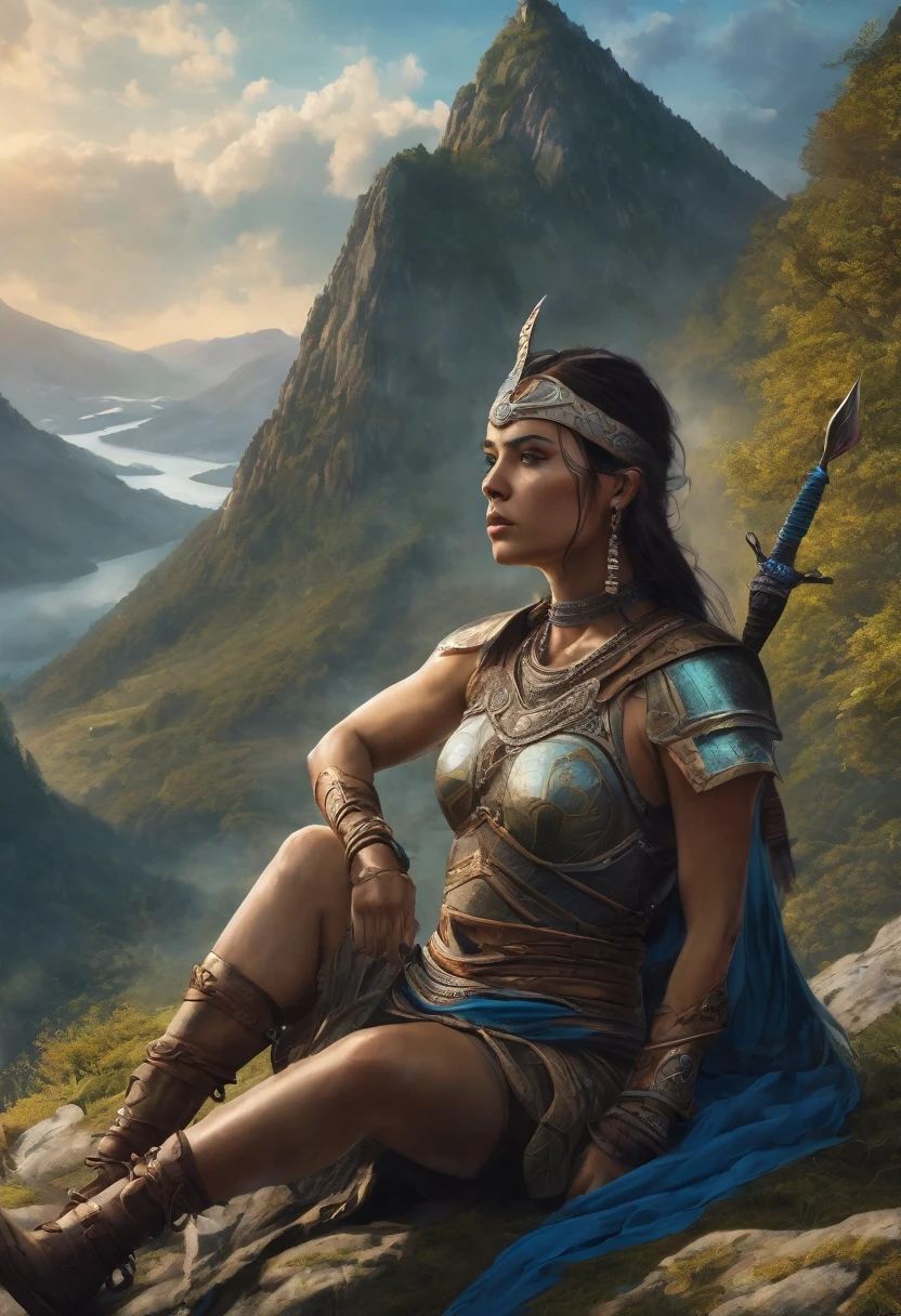 A warrior woman, in a realistic mystical world, sitting at the bottom of a mountain.