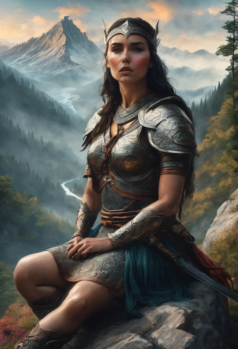 A warrior woman, in a realistic mystical world, sitting at the bottom of a mountain.