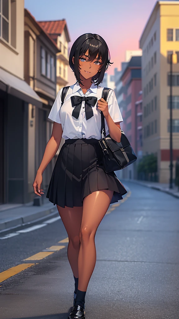 (8k ultra HD quality, best quality, art, high quality, perfect light, absurd, ultra detailed: 1.21, woman, alone, dark-skinned woman, black hair, dark skin, big breasts, sexy, Japanese school costume, portrait, black knee-high socks, sexy student, parted lips, dark eyes, looking at viewer, Japan street background, huge breasts, small sample, sexy, olive skin, dark skin, holding breasts, wallpaper, short skirt, high school girl sexy.