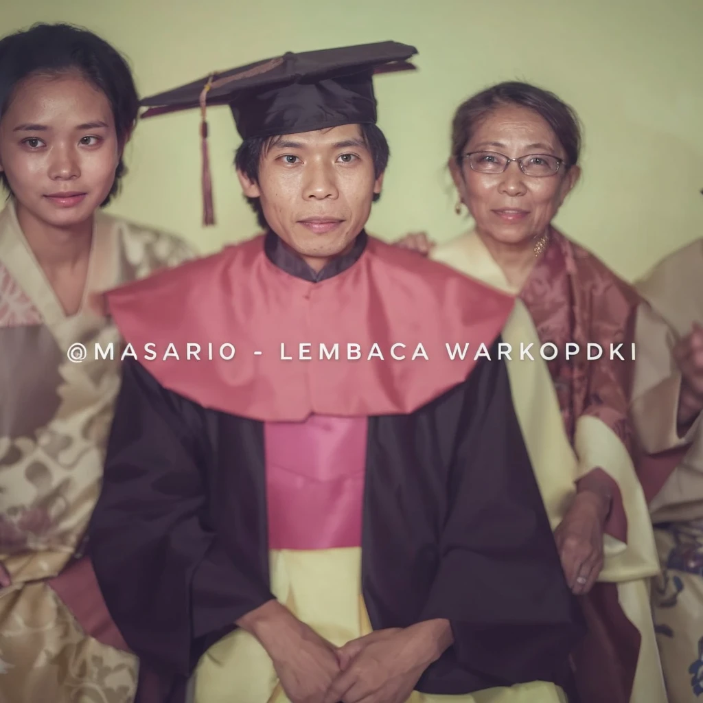  The image captures a touching moment from a family celebrating graduation. The graduate sat between his mother and older sister, the mother and brother wore traditional Indonesian batik clothes. proudly posing for a photo, with graduates at the center of their excitement.