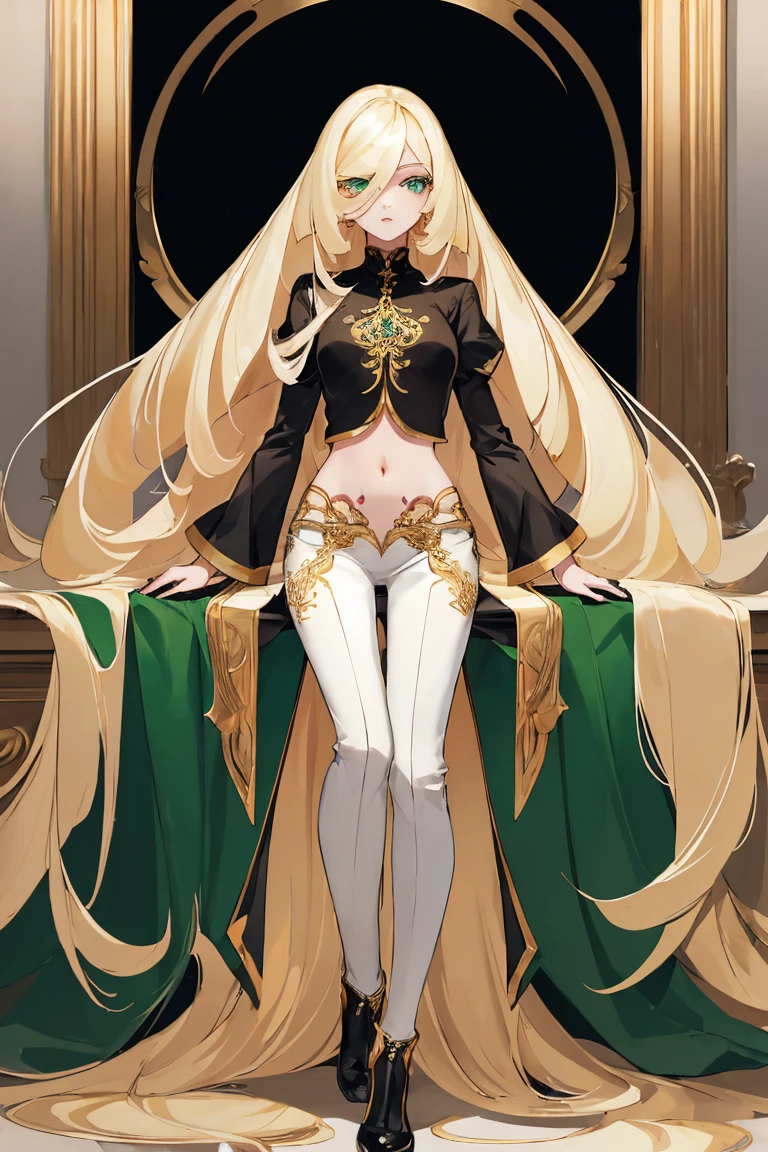 ((Highest quality)), ((masterpiece)), (Familiar), Lusamine,Tattoo,thin,Long blonde hair,Small breasts,Small breasts,Erect nipples,Adult female,Green Eyes,Slanted Eyes,White and black T-shirt,No sleeve,Gold embroidery,Black shoes,Fascinating,Red pants