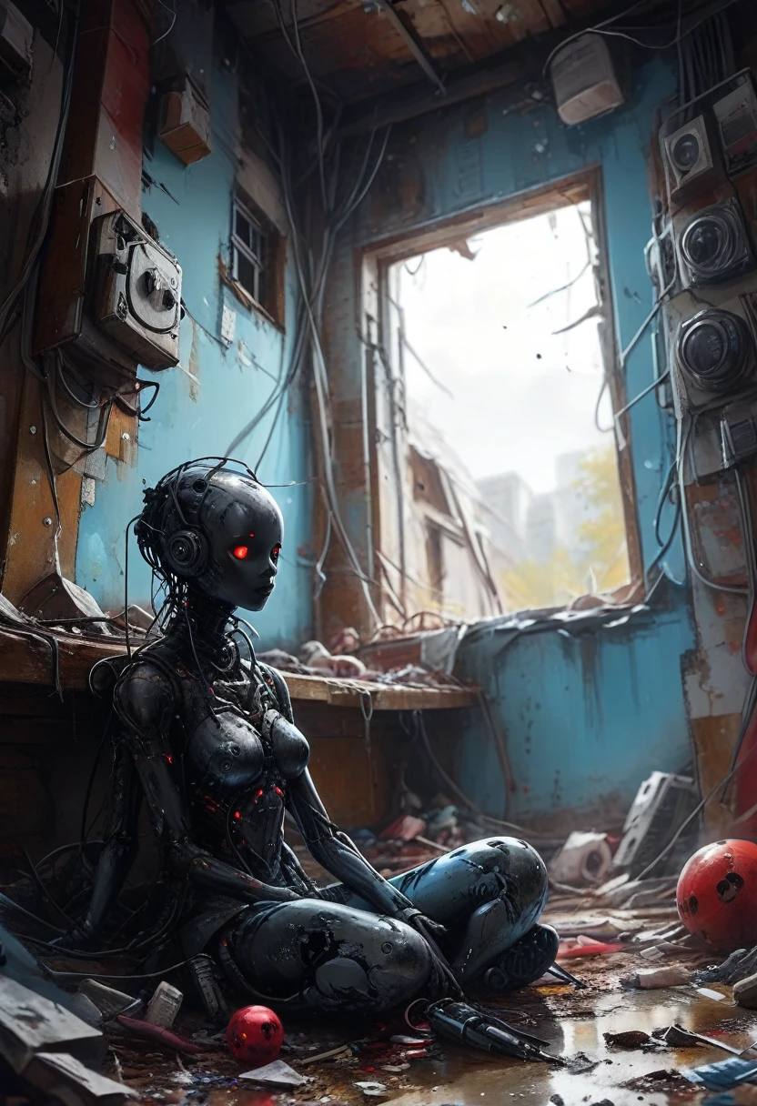 (work:1.4), (Movie stills, Tilt angle, Bokeh, Perfect composition, 1 1.8, 44 mm:1.1), (abandoned, A completely destroyed sleek black cyborg, Bitwise, Metal scrap, in an abandoned home, toys and broken stuffed animals, Rotten floor, Collapsing Wall:1.4), (Doll is out of focus:1.2), (Electrical energy emitted by the body:1.0), (close), (Natural aura, light blue aura, Black Aura:1.2), (sunset), (Style (in a bad mood:1.0) and (James Gillard:1.6) and (Bastien Grivet:1.7)),
Hyper Smoke, Sunny background, Blue background, Intimate Themes, Afterglow
(bad_picture:1.0)