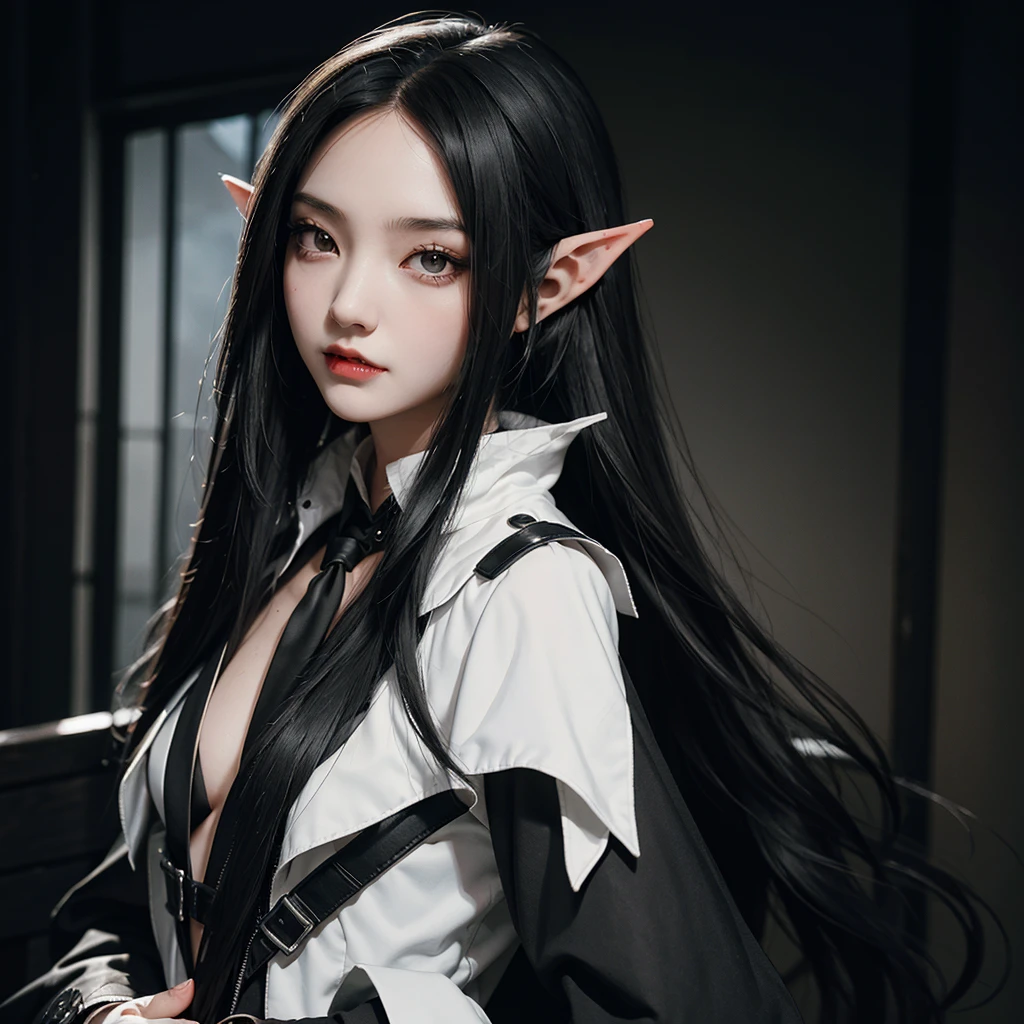 Girl with long black hair, black eyes, elf ears, holding a sycthe, fangs, wearing a black and white suit