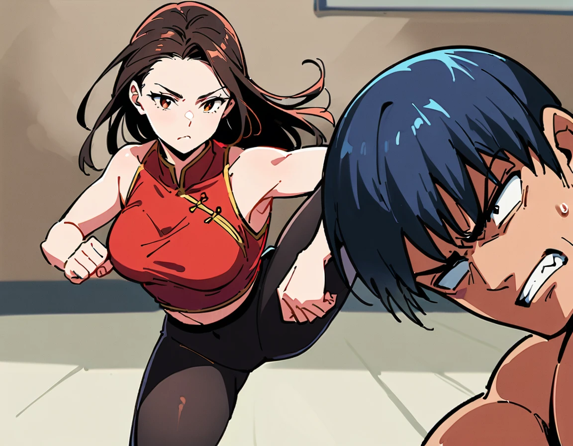 Boxing Match between muscular woman and doing a knee strike, no men in background , Chinese dress crop top, and leggings ,portrait, empty dojo background
