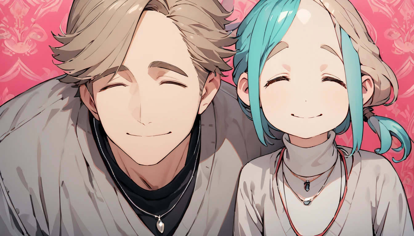 ((((best masterpiece, best quality, wallpaper,)))) face-to-face:1.4, ((woman, long Bright wavy hair, light brown hair,)) ((guy, male body, small muscles, flat chest, 1male, 30 years old, handsome man, upper body, looking at viewers, beautiful detailed, seductive smile, mediumturquoise hair, ((((Lower short ponytail)))), asymmetrical bangs, ((short hair,)) (((light smile, closed eyes, tareme, droopy eyes,))) (((perfect face,))) perfect hands, sharp nose, clear face, black turtleneck, grey cardigan, ((silver piercing, pendant,)) ))  pink background color ultrasharp, 8K, masterpiece,