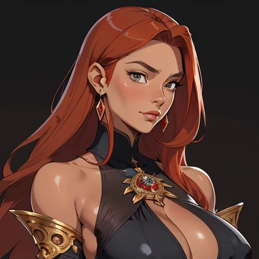 (masterpiece), (best quality),(portrait),(bust up),1girl,solo,(sharp focus),(redhead),milf, curvy, black eyes,(tanned skin),long hair,black clothes,huge ,(ancient girl:1), ancient luxurious long clothes,old school fantasy art,((simple background)),super shiny face,Ultra Glossy skin,joyful