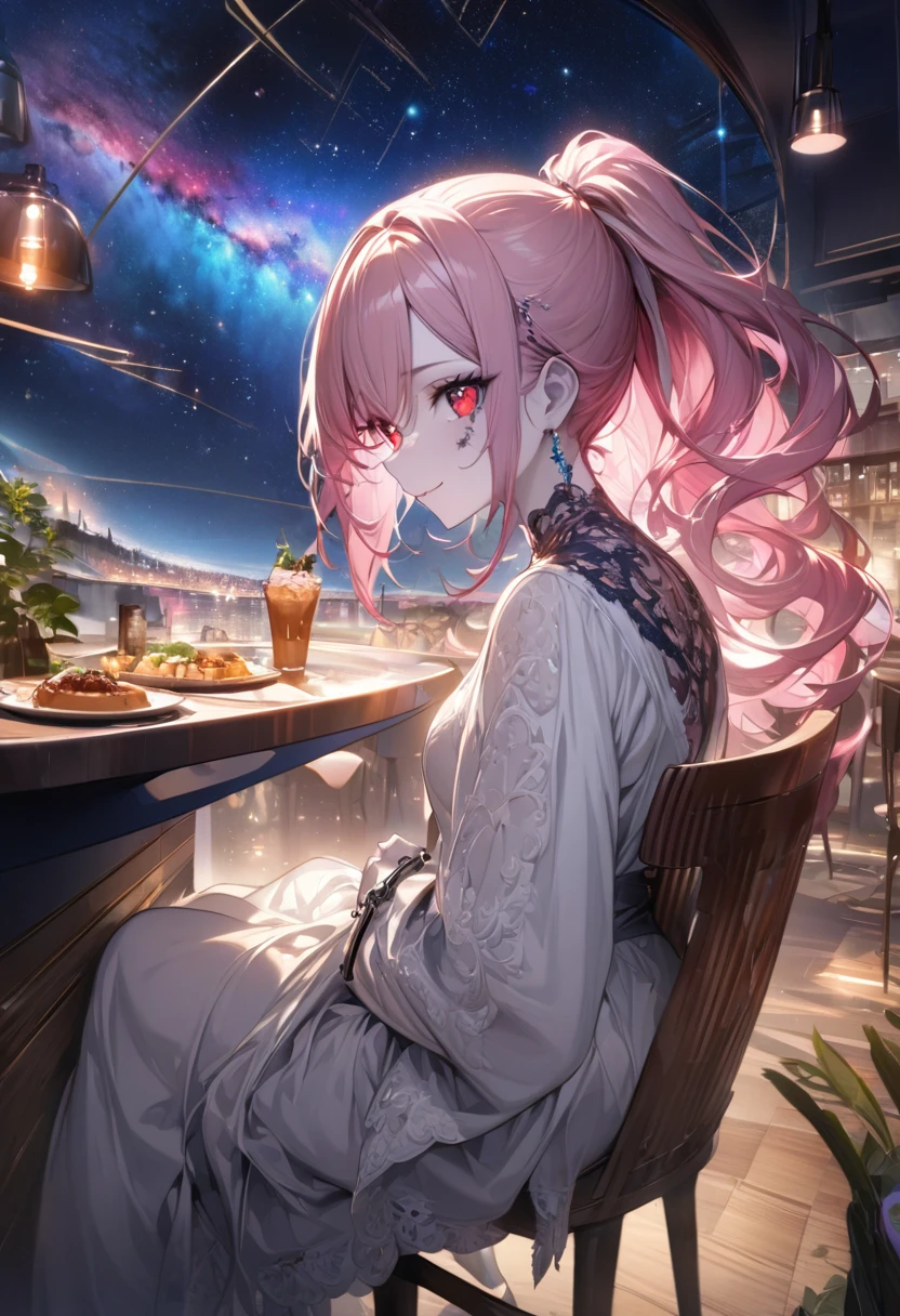 (simple hands: 0.5) + (Detailed hand: 0.7), (masterpiece), (highest quality), In white, red eye, 1 girl, Pale skin, In white, red eye, Pink Hair, ponytail,eyelash, handcuffs, jewelry, smile, Glowing Skin, Shiny Hair, Detailed and magnificent scenery, Fancy, Wide range, 1 girl, Pink Hair, Night Sky, Gazing at you、A masterpiece of amazingly detailed CG illustrations, I felt better., beautiful I felt better. eye, beautiful detailed eye, eye, sparkling eye, Different colored eye, red eye, blue eye, Milky Way, nebula, (whole body), (curve),sit in a chair at a cafe restaurant,profile