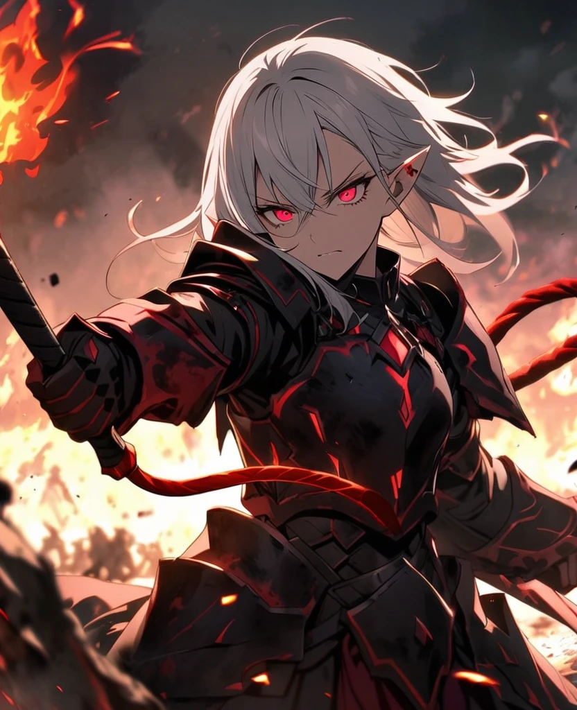 Fmale,pierced pointed ears,long white hair with red bangs,half orange half blue eyes,broken red and black armour,dark magic,dark expression,fire whip,dark sword,on a battlefield