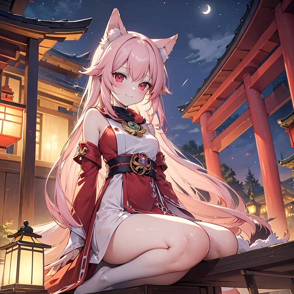 Elf、yukata(crane、magnificent)、Portrait of a beautiful 16 year old girl , detailedな背景画、Red Eyes, detailedな目、detailedな手脚、Accentuate the cleavage、Festivals, Tan Skin、Bright red lips, (masterpiece) (Highest quality) (detailed) (8K) (High resolution) (Cinema Lighting) (Sharp focus)、Pink Hair、(Inner Color: Random), ((blush: 0.8)), Natural skin texture, Transparent skin、Delicate, up、豪magnificent、hair ornaments、A step back angle、