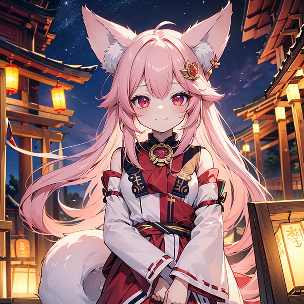 ((masterpiece)), ((Best Quality)), (Ultra-detailed), Anime style, Cute , 1girl in, Solo, fox maiden, shrine, maiden,  red color fur, miko clothing, fox ears, night, lanterns, light pink hair color, 12 years old, blood red eyes, smirk