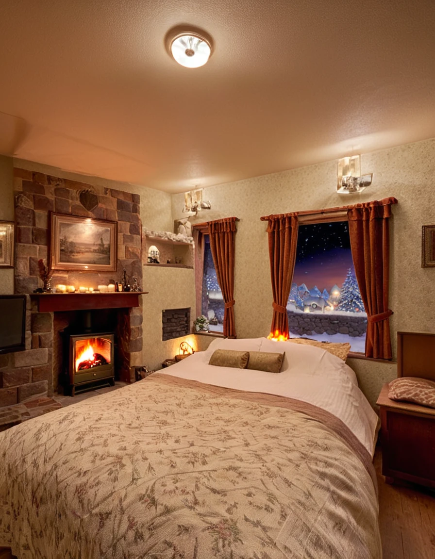 arafed bedroom with a fireplace and a bed with a blanket, thomas kinkade. cute cozy room, cozy and calm, cozy setting, very cozy, cozy wallpaper, cozy room, cozy place, cozy and peaceful atmosphere, cosy enchanted scene, cozy candlelight, cozy environment, cozy bed, soothing and cozy landscape, cozy atmosphere, cosy fireplace