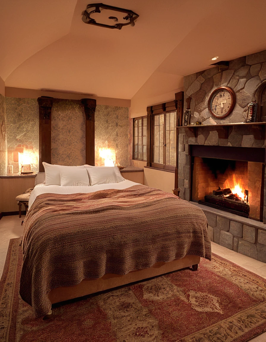 arafed bedroom with a fireplace and a bed with a blanket, thomas kinkade. cute cozy room, cozy and calm, cozy setting, very cozy, cozy wallpaper, cozy room, cozy place, cozy and peaceful atmosphere, cosy enchanted scene, cozy candlelight, cozy environment, cozy bed, soothing and cozy landscape, cozy atmosphere, cosy fireplace