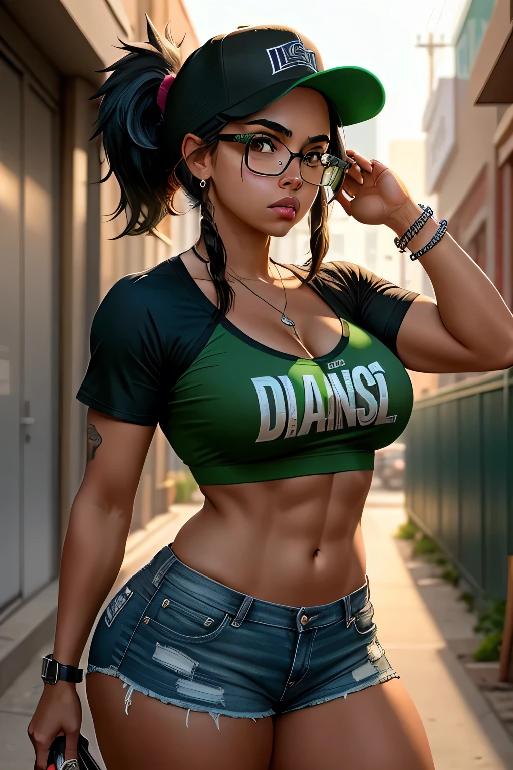 there is a latina woman with glasses and a baseball cap, an edgy teen assassin, diesel punk female, (black hair, straight, messy, ponytail) brown skin, green eyes, thick eyebrows, angry expression, thin frame, nude, fitness model, short shorts,