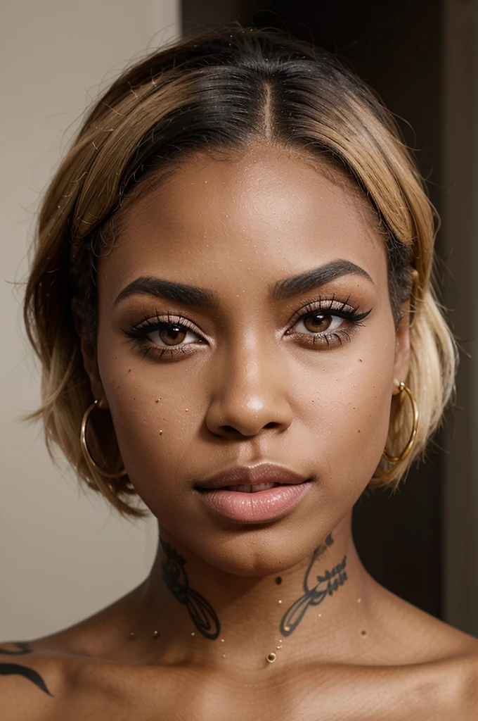 "Creates an image of a dark-skinned African American woman with a short blonde bob hairstyle. She has impeccable makeup with well-defined eyebrows, strong black eyeliner, voluminous eyelashes, and shiny pink lips. She wears a nose piercing and a cherry earring. The scene is lit softly and subtly, highlighting the details of her makeup and hair. She also has visible tattoos on her neck.