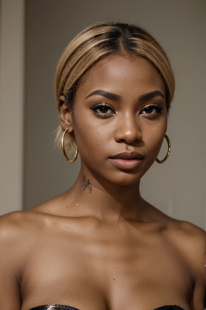 "Creates an image of a dark-skinned African American woman with a short blonde bob hairstyle. She has impeccable makeup with well-defined eyebrows, strong black eyeliner, voluminous eyelashes, and shiny pink lips. She wears a nose piercing and a cherry earring. The scene is lit softly and subtly, highlighting the details of her makeup and hair. She also has visible tattoos on her neck.