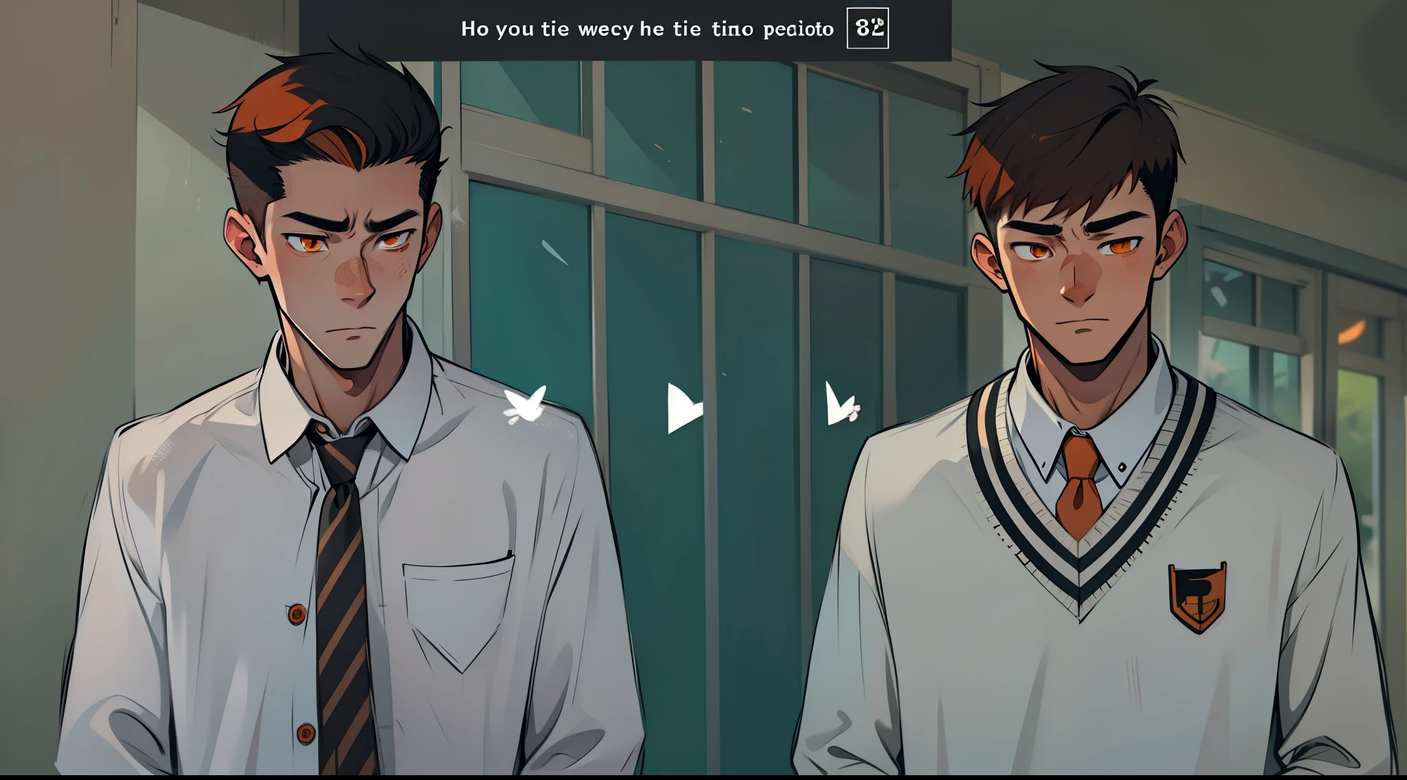 two young men of 18 years walk sad worried thoughtful through high school orange hair orange eyes