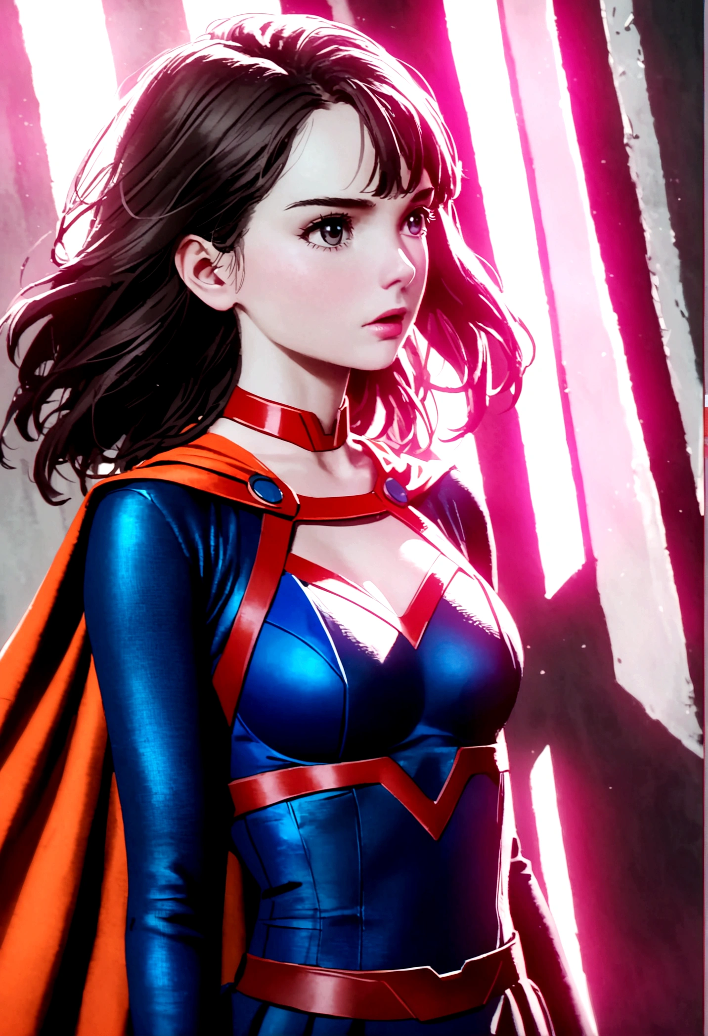 Rey Skywalker Daisy Ridley as Supergirl With Very larger bust and Very Thin waist. Cinematic still. --ar 4:5 --s 250 --style raw --no unreal, errors