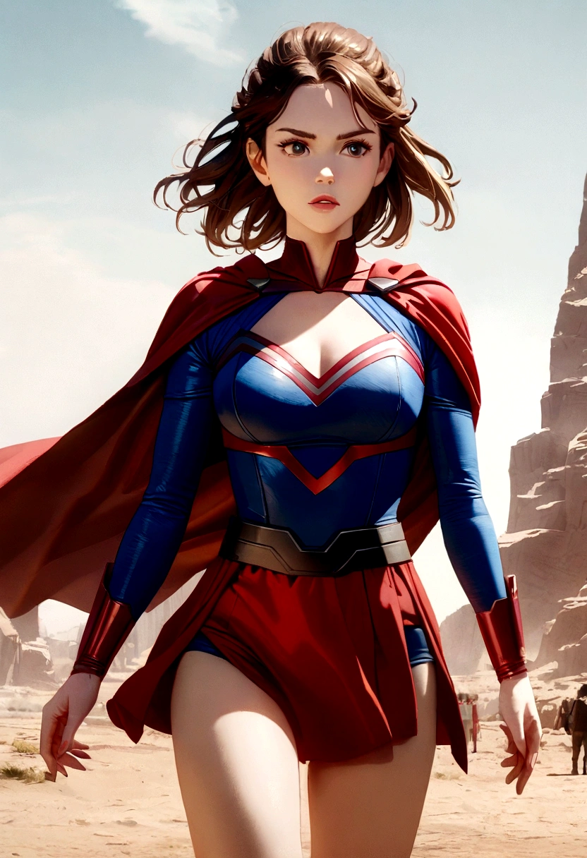 Rey Skywalker Daisy Ridley as Supergirl With Very larger bust and Very Thin waist. Cinematic still. --ar 4:5 --s 250 --style raw --no unreal, errors