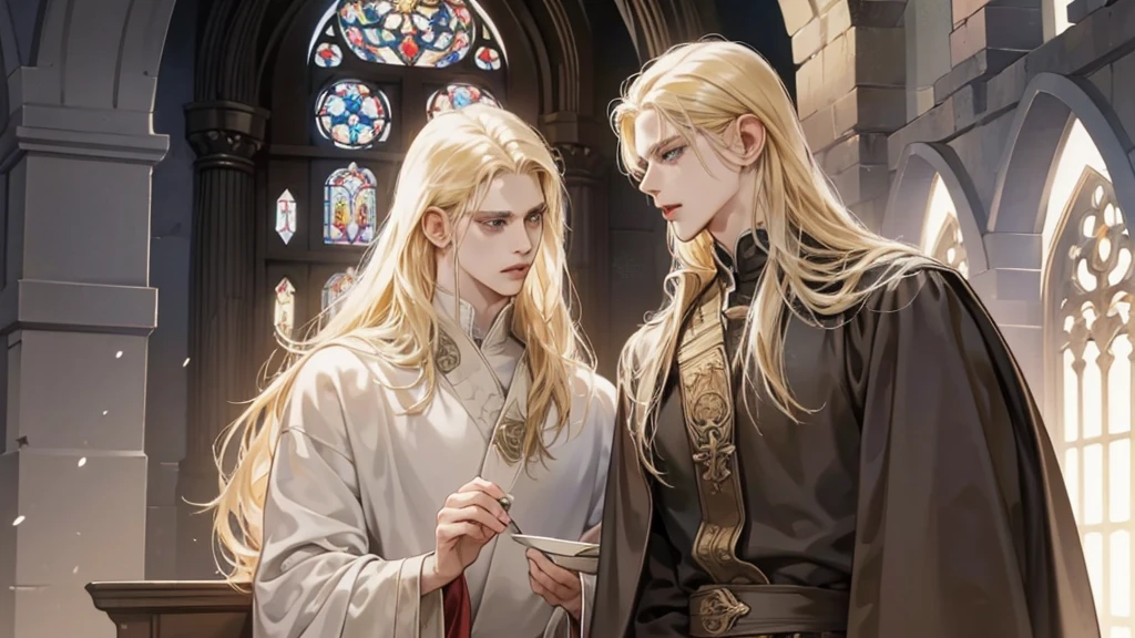 Middle Ages, One, Castlevania Lord handsome, a thin man heads a monastery, beautiful robe, white fabric clothes, A cross hangs around my neck, priest, dynamic pose, super detailed face, long hair, blonde hair, Sharp facial features, adult, handsome man, heavenly eyes, beautiful hands, in a beautiful garden, gothic windows, church, deep light, detailed face, A thoughtful look , beautiful fingers, super detailed clothing,