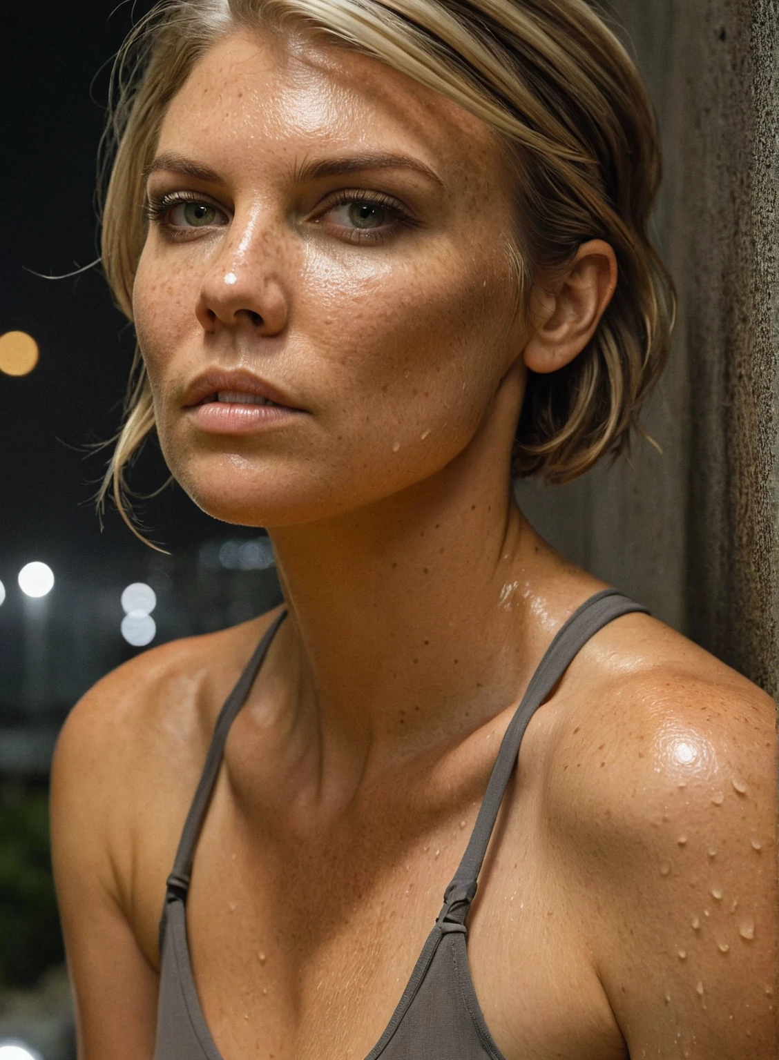  high quality  celebrity  Erotic  photo , 40yo woman ( , Lauren Cohan, blush , outdoor side , photorealistic , huge breast , celebrity , random click, woman , incredibly whitsh bright blonde hair, extremely pale whitish skin tone,  freckles on skin,)  shiny sweaty skin , sexualized move, erotic anges , celebrity erotic photograph,  ( natural photorealistic lights, depth of field, detailed face , insanely detailed skin texture, hyper detailed features )