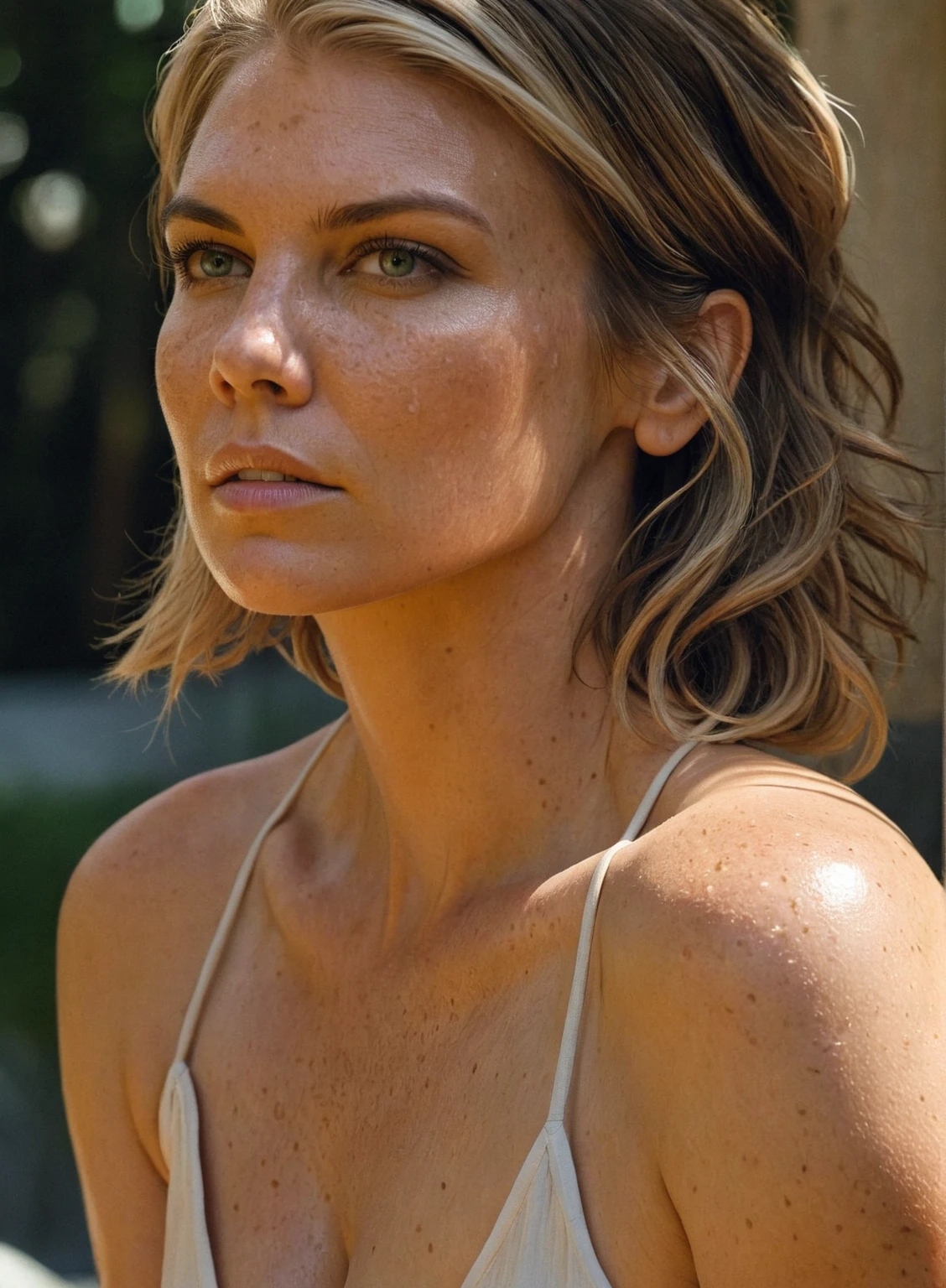 high quality celebrity Erotic photo , 40yo woman ( , Lauren Cohan, blush , outdoor side , photorealistic , huge breast , celebrity , random click, woman , incredibly whitsh bright blonde hair, extremely pale whitish skin tone, freckles on skin,) shiny sweaty skin , sexualized move, erotic anges , celebrity erotic photograph, ( natural photorealistic lights, depth of field, detailed face , insanely detailed skin texture, hyper detailed features )