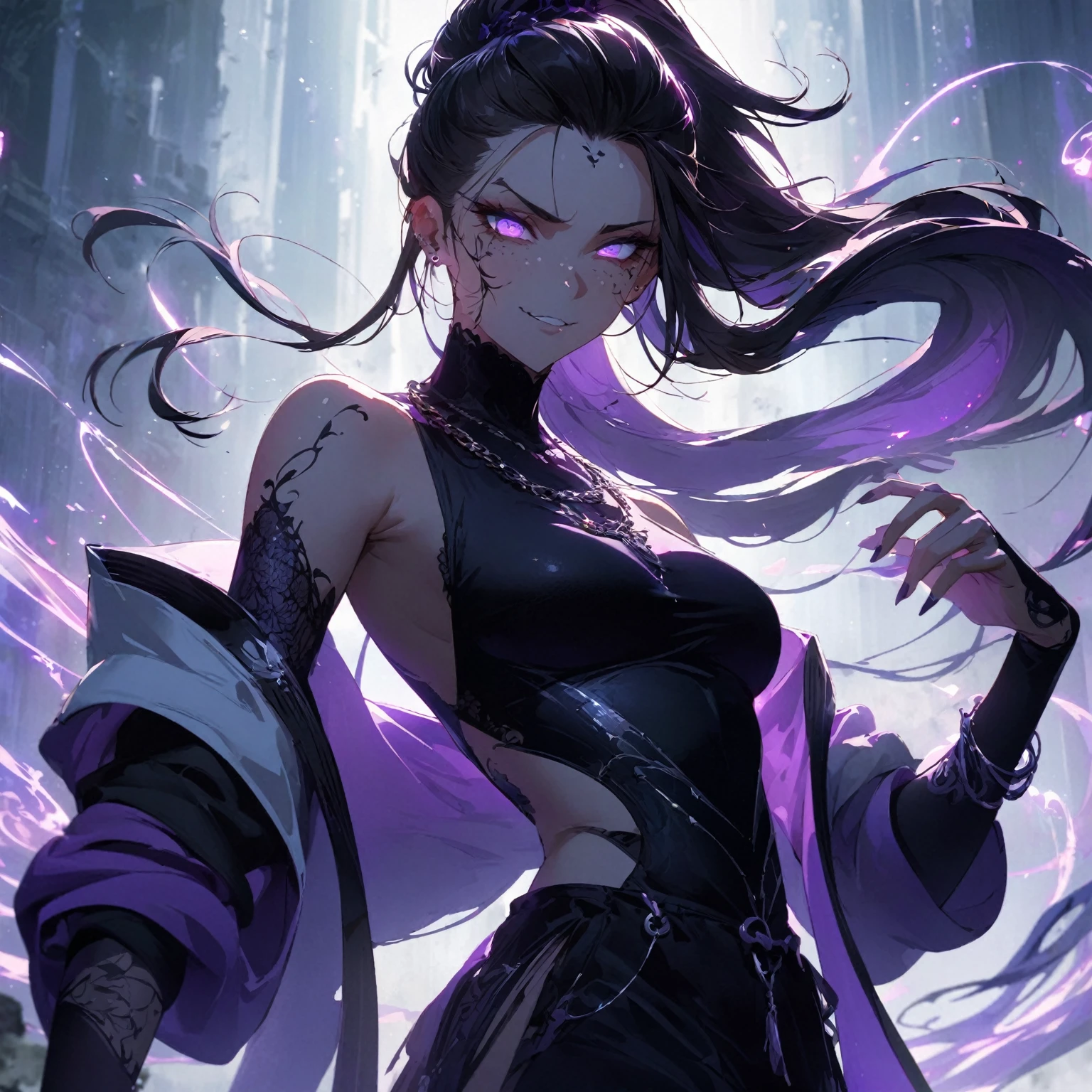 a woman with an athletic and agile physique, sharp facial features including a strong jawline and piercing eyes reflecting wisdom and intensity, long flowing hair with streaks of purple intertwined, dressed in a mix of modern and mystical attire blending dark colors with accents of purple, (nude:0.8) adorned with minimalistic yet significant accessories such as a necklace or bracelet with a small, intricate chain design. Pose her dynamically and confidently, conveying readiness for action while maintaining a natural appearance that suits her character. Express her with a conniving/scheming facial expression featuring narrowed, slanted eyes, a smirk or sly grin, and arched eyebrows. Set the scene in a dimly lit, mystical environment with wisps of energy swirling around her, hinting at her ability to manipulate souls with faint soul energies subtly depicted in the air. Illuminate softly to emphasize reflective surfaces of her attire and the glow of her eyes, overall evoking a sense of mystery and power, showcasing her as a formidable yet enigmatic woman deeply connected to the spiritual realm., detailed gorgeous face| anime style| key visual| intricate detail| highly detailed| breathtaking| vibrant| panoramic| cinematic| Carne Griffiths| Conrad Roset| gibbli 8k