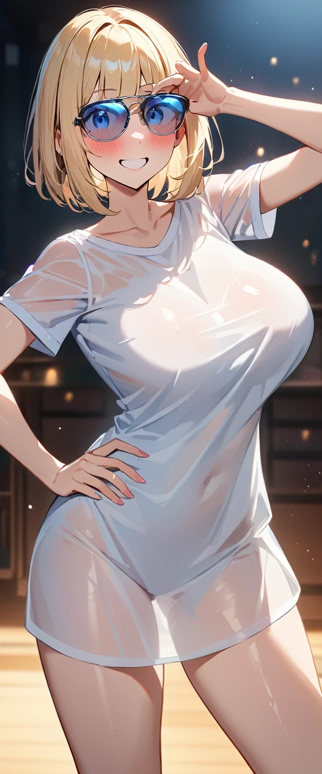 (((One Girl))), Blonde, Bobcut, (Cowboy Shot), ((sunglasses, hand to sunglasses)), (View your viewers), Focus on the face, ager, Tilt your head:1.3, (((blue eyes))), ((Smile)), ((blush)), Contrasting, Place one hand on hip, (((Exposed skin))), School summer clothes, (((Bring your big breasts closer))), White shirt, ((See-through clothing:1.3)), Naked Shirt, , Anime Style, (Highest quality, 4K, 8K, High resolution, masterpiece:1.2, Super detailed, Super detailed eyes, High resolution, 超High resolution, Studio Lighting, Ultra-fine painting, Sharp focus, Physically Based Rendering, Very detailed explanation, Professional, Vibrant colors, Bokeh)、excited、Heavy breathing