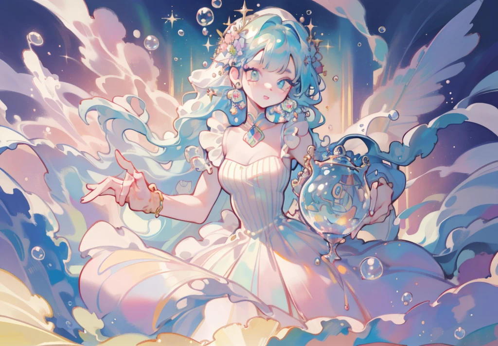 masterpiece, best quality, 8k resolution, sharp focus, intricate detail, beautiful girl, sparkling eyes, golden ratio face, otherworldly liquid, watercolor, ((pastel colors)), bright colors, whimsical, colorful, sharp focus, high resolution, fine detail, ((layered ballgown)), iridescent bubbles