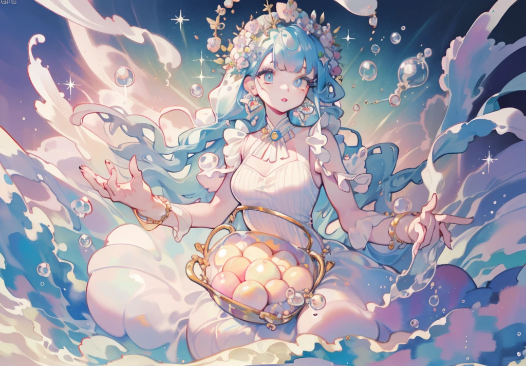 masterpiece, best quality, 8k resolution, sharp focus, intricate detail, beautiful girl, sparkling eyes, golden ratio face, otherworldly liquid, watercolor, ((pastel colors)), bright colors, whimsical, colorful, sharp focus, high resolution, fine detail, ((layered ballgown)), iridescent bubbles